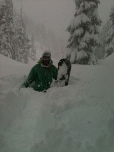 Snowboarder deep in snow