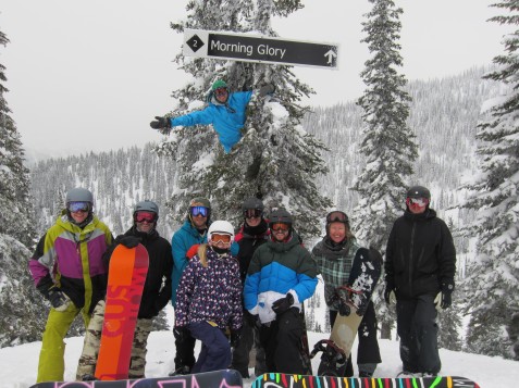 Impromptu tree climbing before another powder run